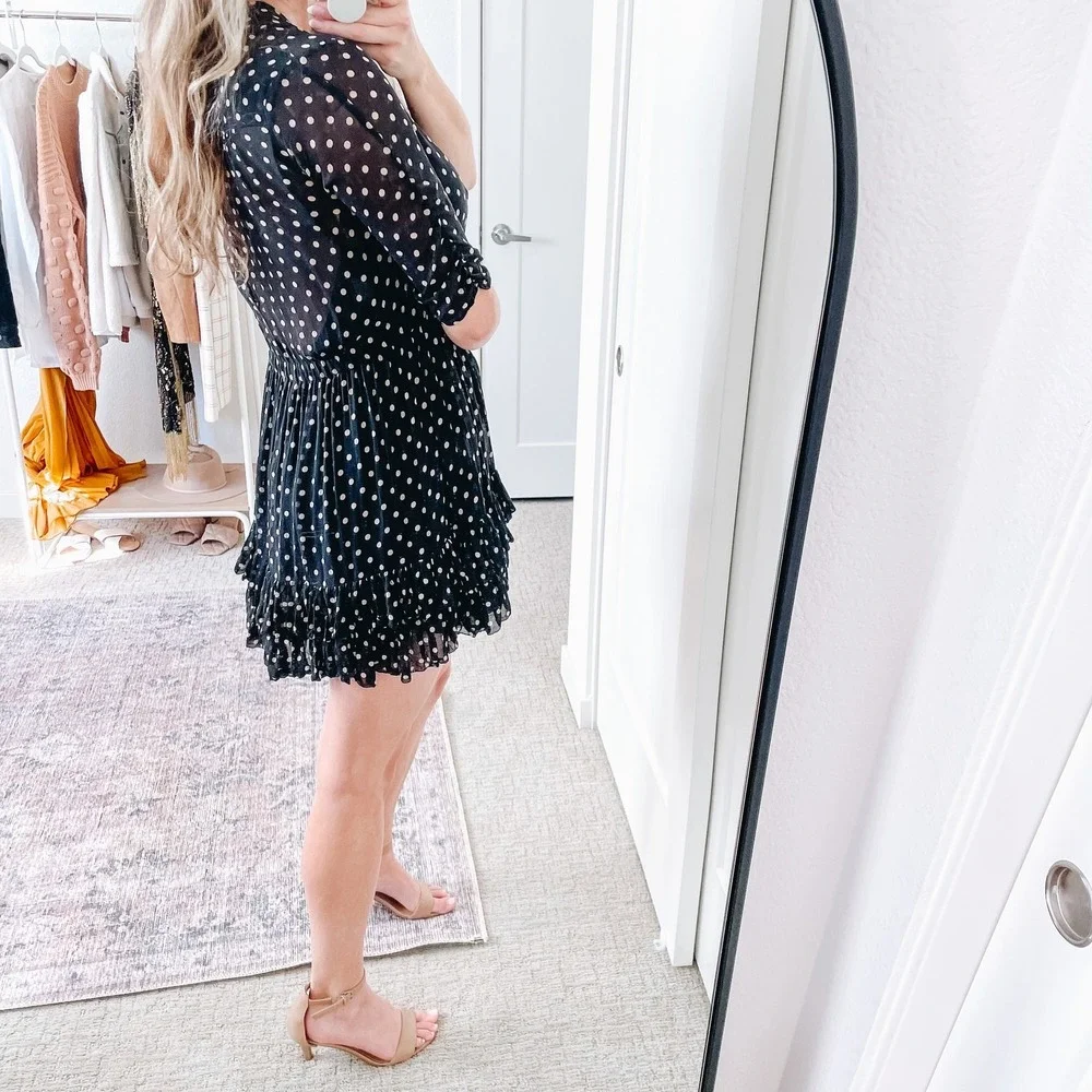 NICHOLAS Black‎ Polka Dot Chiffon Ruffle Mini Dress 0